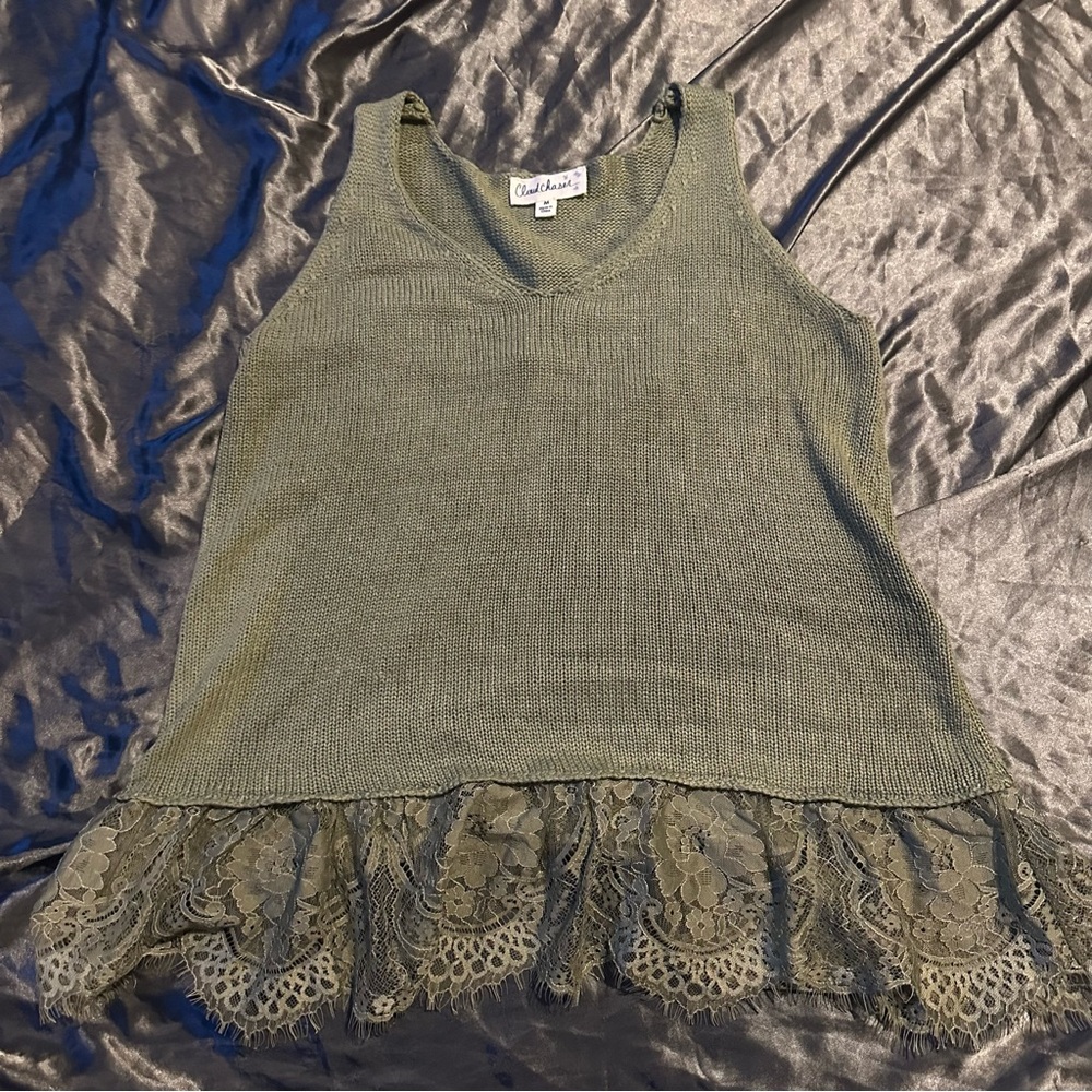 Cloud Chaser Army Green Sleeveless Lace Hem Coquette Cottagecore Sweater Top - Picture 2 of 6